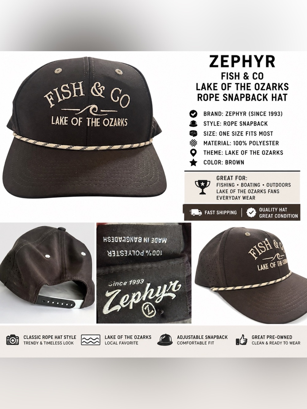 Zephyr Fish & Co Lake of the‎ Ozarks Rope Snapback Hat Black Adjustable Cap